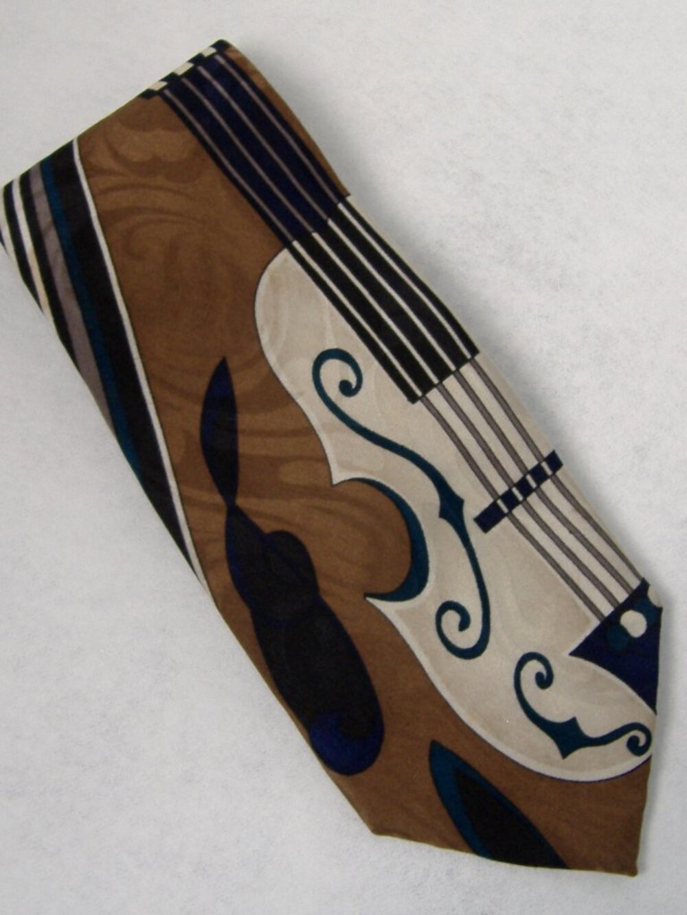 Upbeat Roffe Mens Neckwear Tie 100% Silk Brown Tan Black Music Instrument Cello